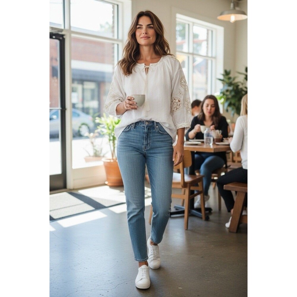 Anthropologie RD & Koko Tunic Size L Ivory Embroidered  Top Blouse 70% Linen